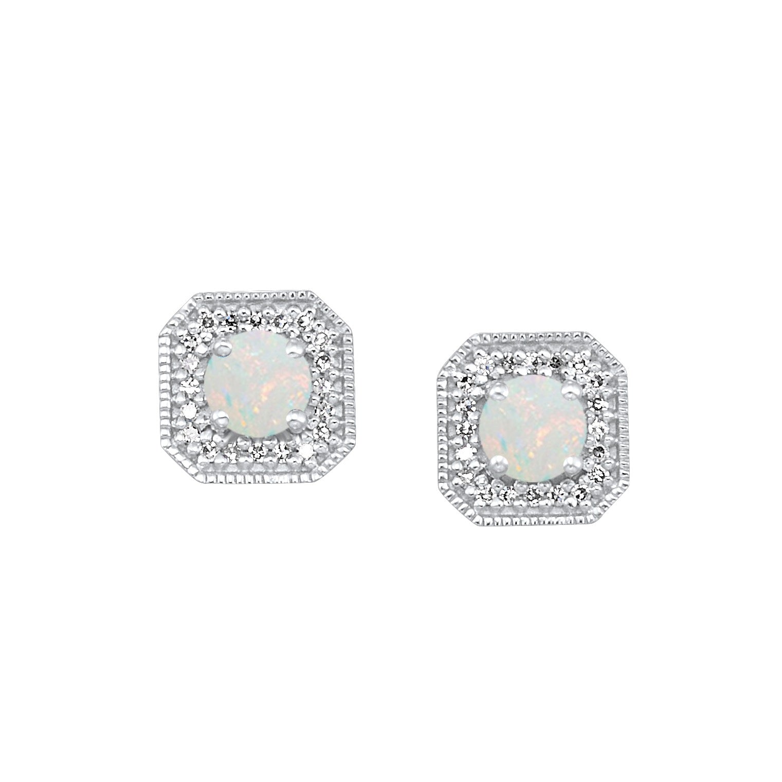 10Kt White Gold Diamond 1/10Ctw & Opal 3/4Ctw Earring