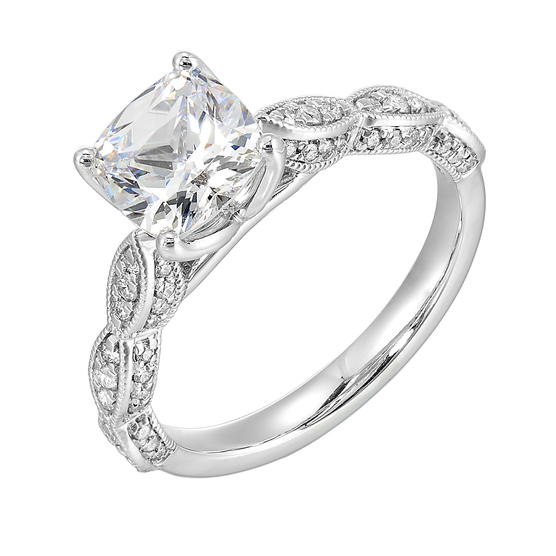 14Kt White Semi Mount 1/3Ctw For 2Ctw Cushion Center