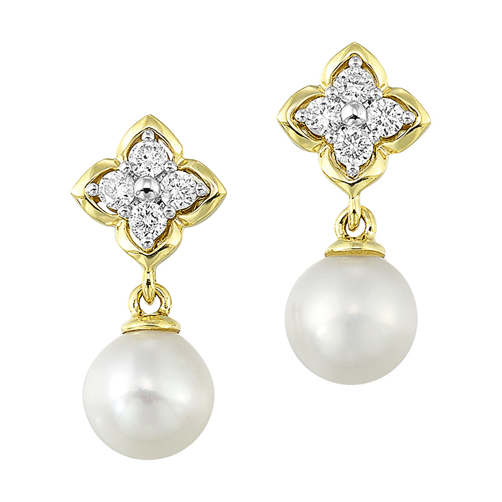 14Kt Yellow Gold Diamond 1/5Ctw & Pearl Earring