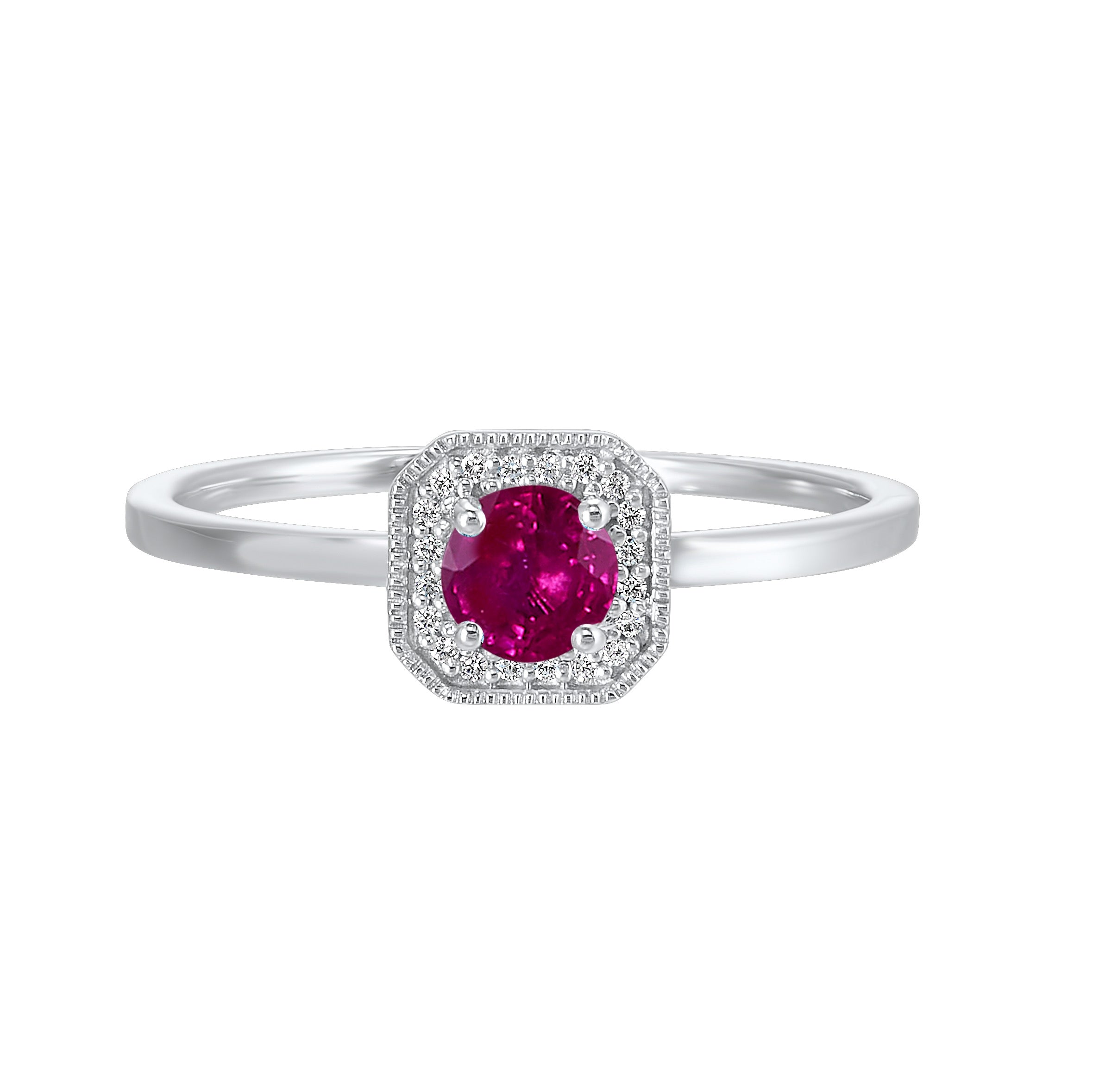 10Kt White Gold Diamond 1/12Ctw & Created Ruby 3/4Ctw Ring